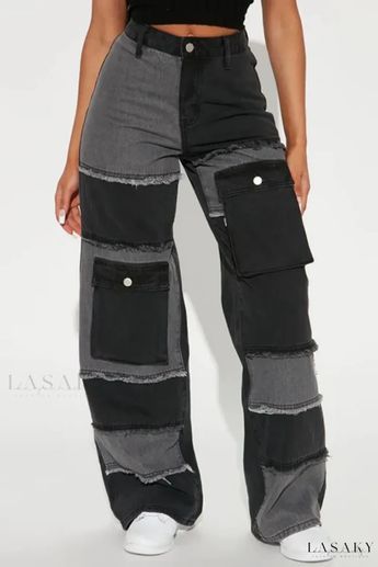 Lasaky – Executive Black Casual Patchwork Contrast High Waist Regular Denim Jeans