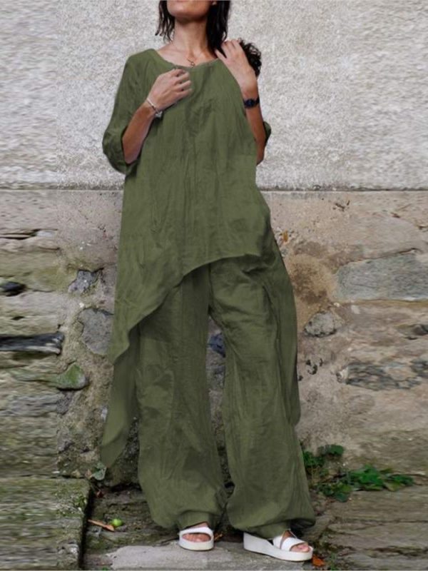 Casual Cotton And Linen Two Piece Set Women Spring Summer New Pant Sets Solid Color Irregular Long T