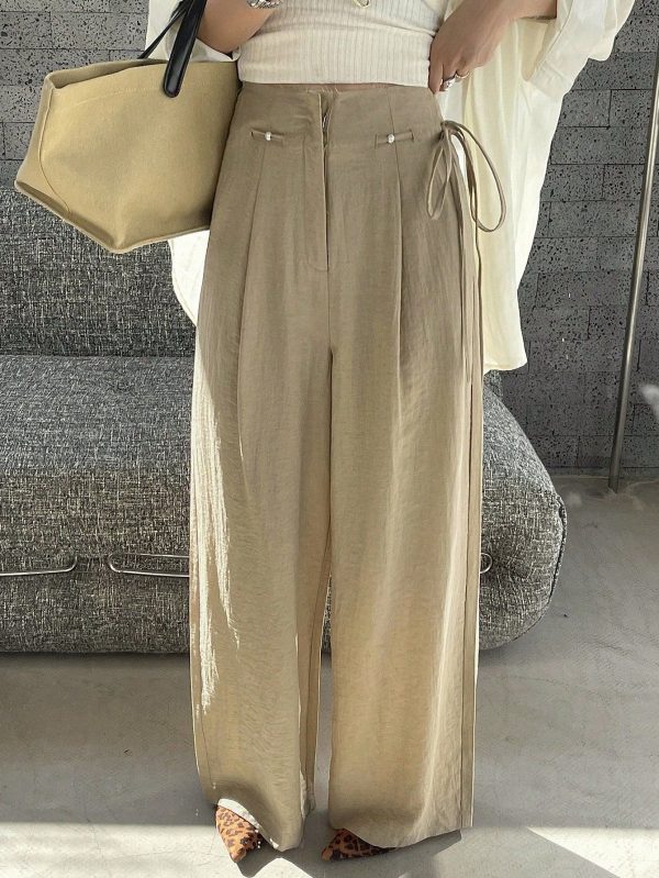 Solid Color Loose Wide Leg Pants With Draw String Waist For Women