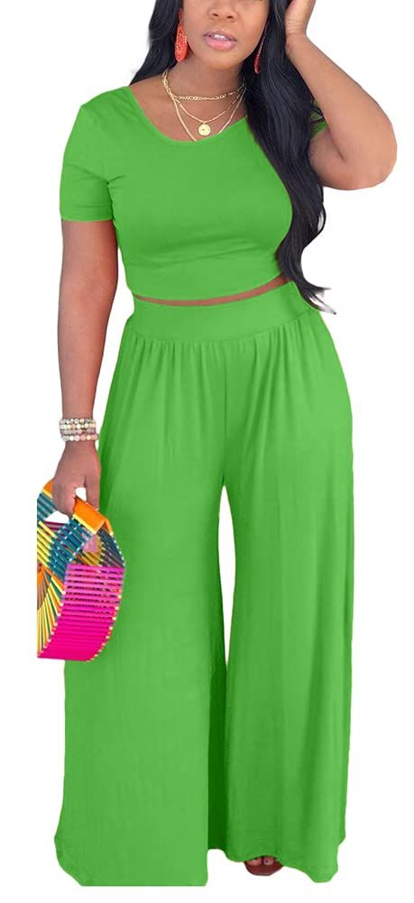 2 Piece Outfits for Women Sexy Backless Short Sleeve Crop Top High Waist Wide Leg Long Pant Sets Tracksuit Sport Set