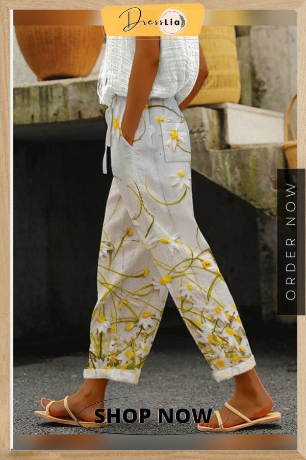 Women's Botanical Floral Print Lace-up Loose Casual Pants