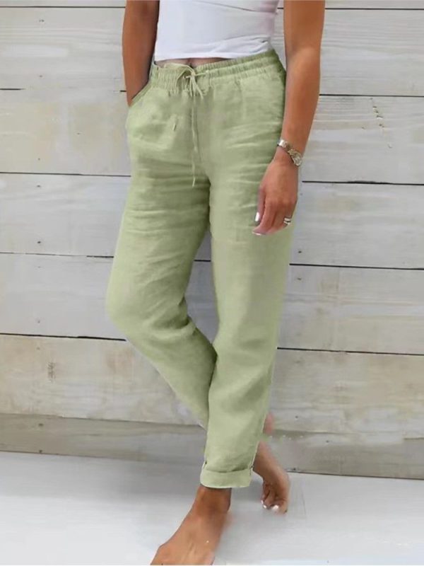 Women's High Waist Solid Color Cotton Linen Casual Pants Fashion Summer Female Holiday Casual Long