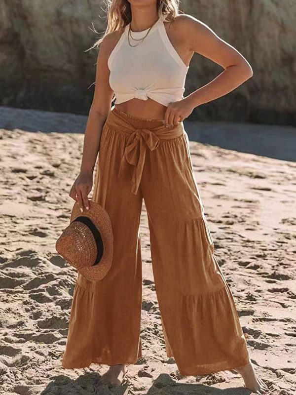 Hazel Blues® |  Tied Ruched Wide Leg Pants - Caramel / S