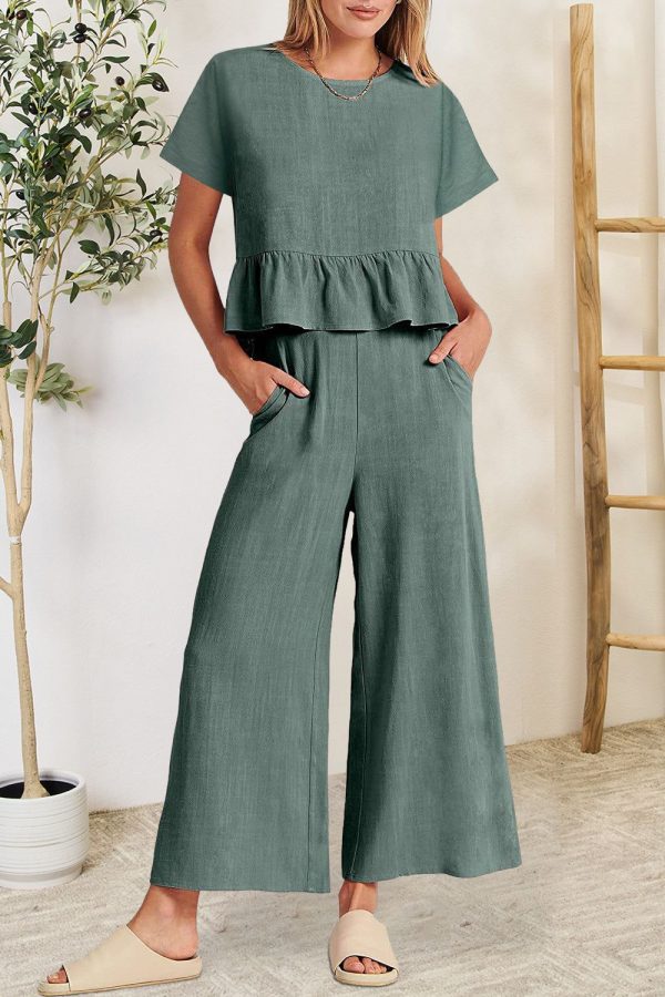 Hazel Blues® |  Peplum Round Neck Short Sleeve Top and Pants Set - Teal / M