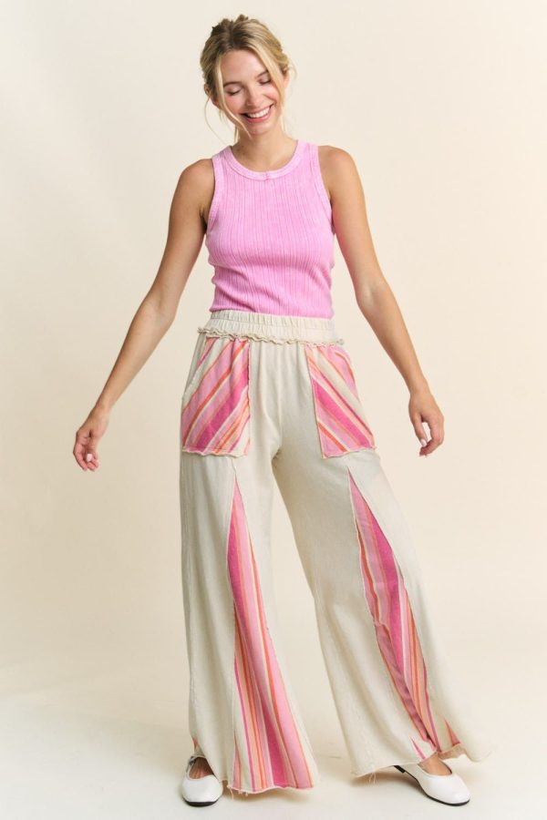 J.Her Mineral Washed Striped Detailed Flare Pants in Natural - M