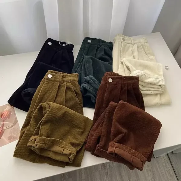 Retro High Waist Corduroy Pants Women Spring Fall Straight Causal Full Length Trousers Korean