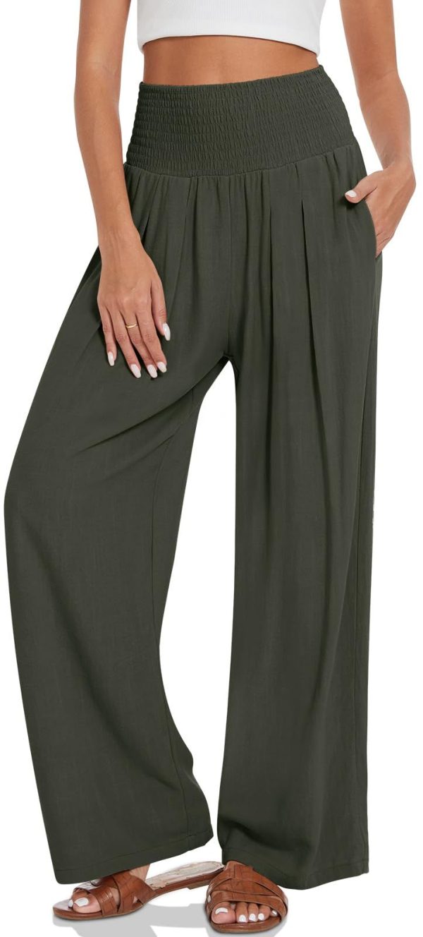 UEU Women's Linen Palazzo Pants Wide Leg High Waisted Lounge Casual Beach Pants with Pockets