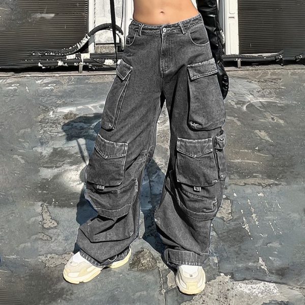 Zingj 2000 Autumn Fashion High Quality Multiple Pockets Design Jean Women Loose High Waist Blue Denim Pants Female GG705 Dark grey-M