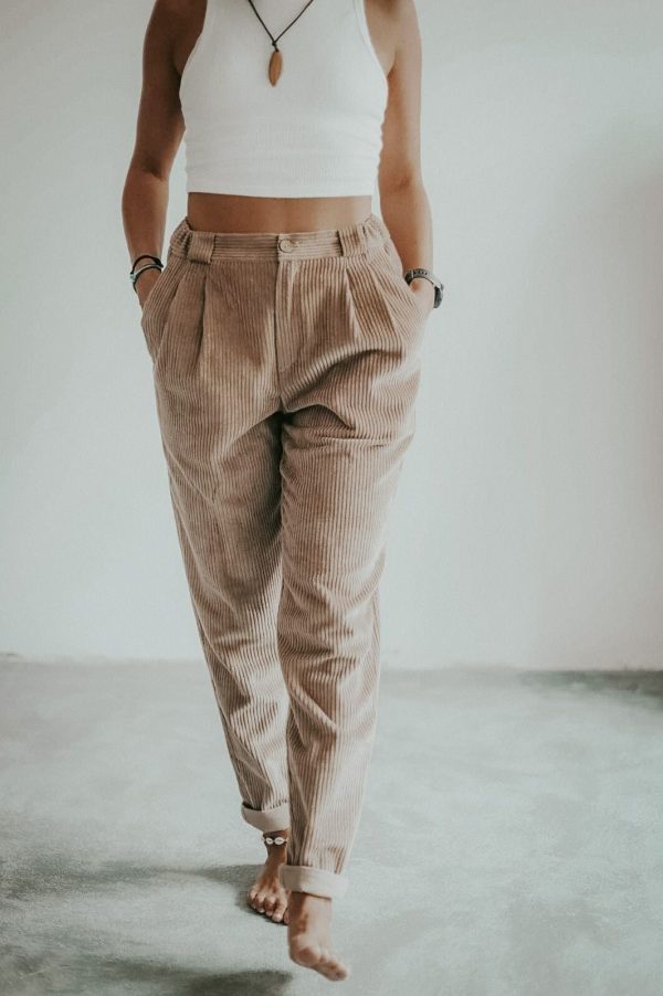 Womens boxy cord pants. Corduroy high waisted trousers for woman.