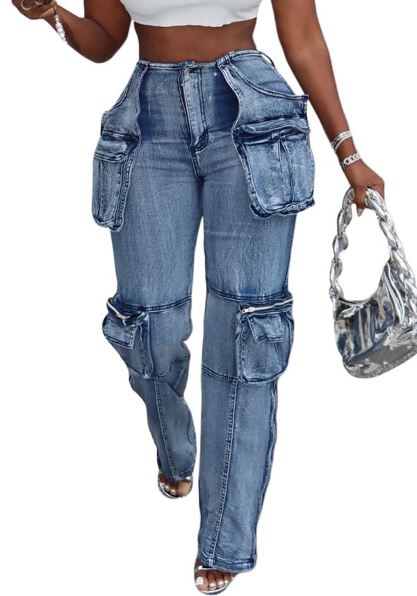 Vakkest Denim Cargo Jeans for Women High Waisted Loose Baggy Straight Wide Leg Stretch Pants Y2K Streetwear with Flap Pockets