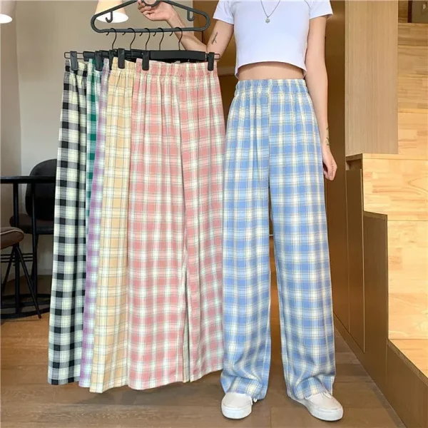 Vintage Plaid Women Pants High Waist Wide Leg Straight Pant Loose Casual Female Trousers Wide Leg