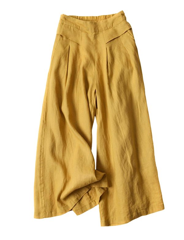 Hooever Women's Cotton Linen Culottes Pants Elastic Waist Wide Leg Palazzo Trousers Capri Pant