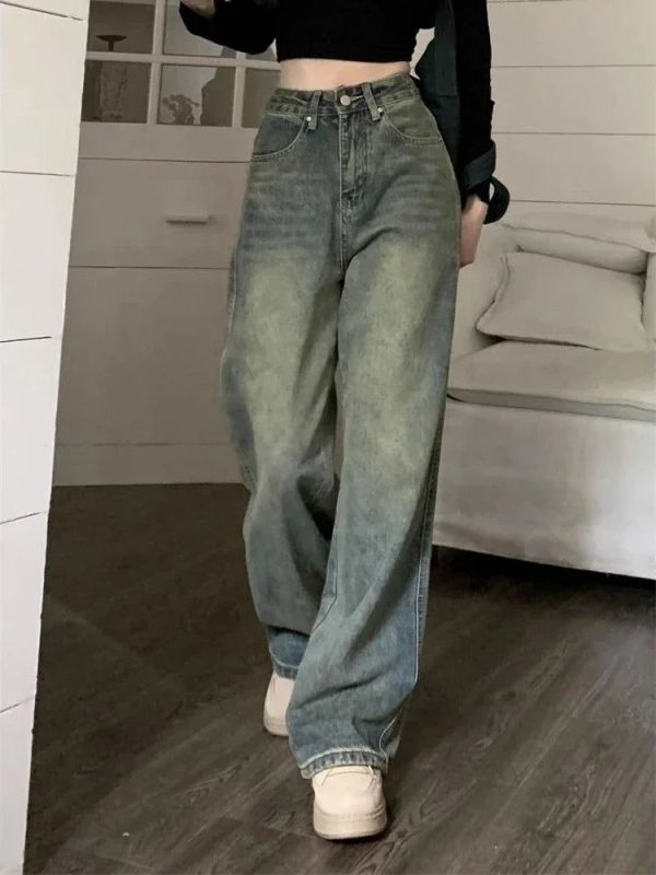 Y2k Baggy Wide Leg Jeans Women Vintage Streetwear Denim Pants - Blue Green / M