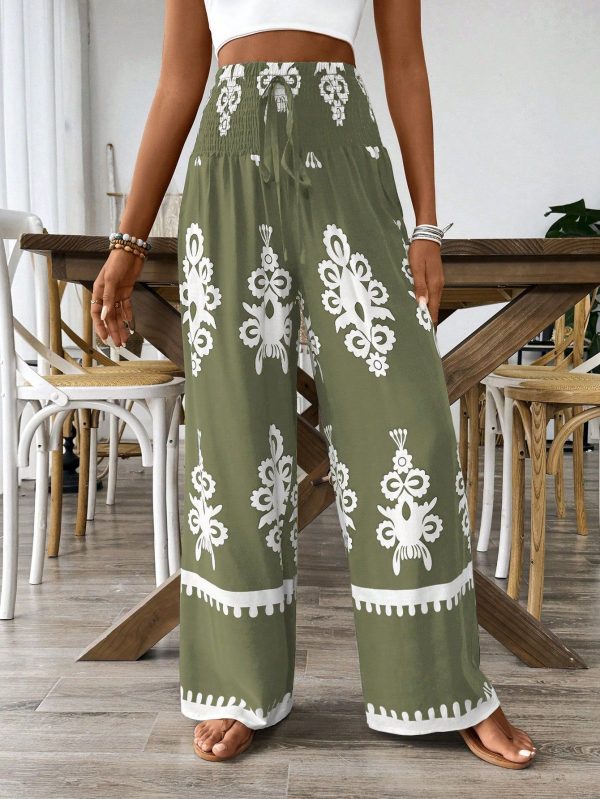 Women's Waist Drawstring Wide Leg Random Floral Print Pants, Non-Localized Design