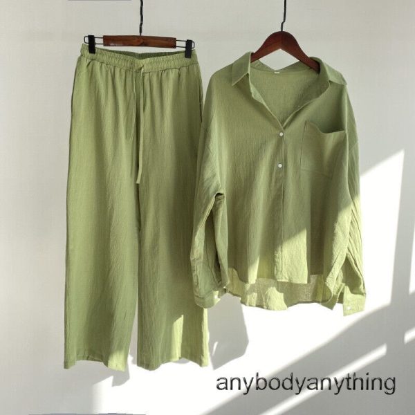 Womens Casual Lapel Cotton Linen Shirts Tops Summer High Waist Loose Pants 2pcs