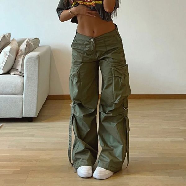 Zingj Zingj Wind Large Pocket Stitching Pleated Casual Pants Women 2023 Autumn Straight Pants New Pants Women Green-M