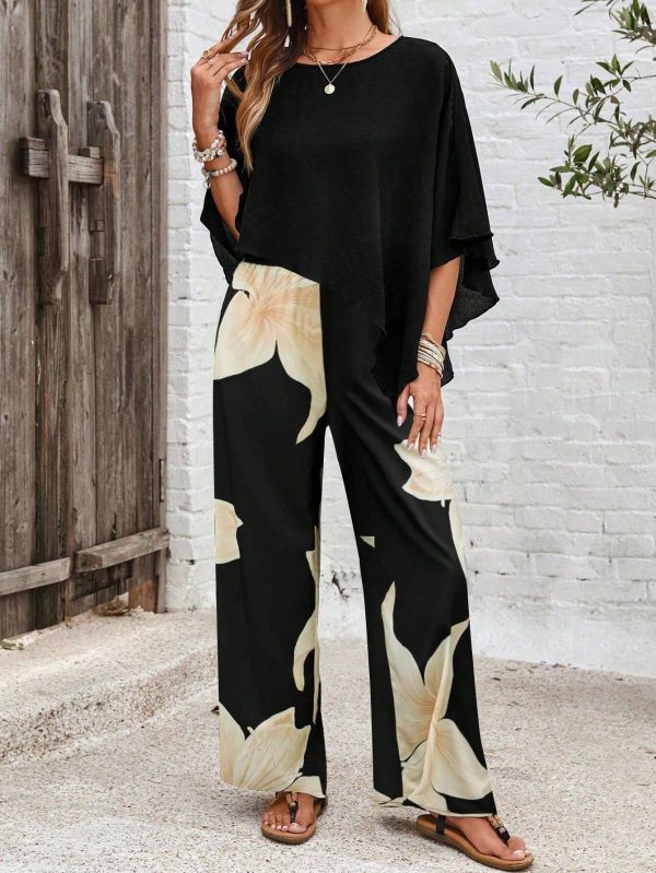 2pcs/Set Women Summer Casual Solid Asymmetrical Hem Top And Floral Print Pants