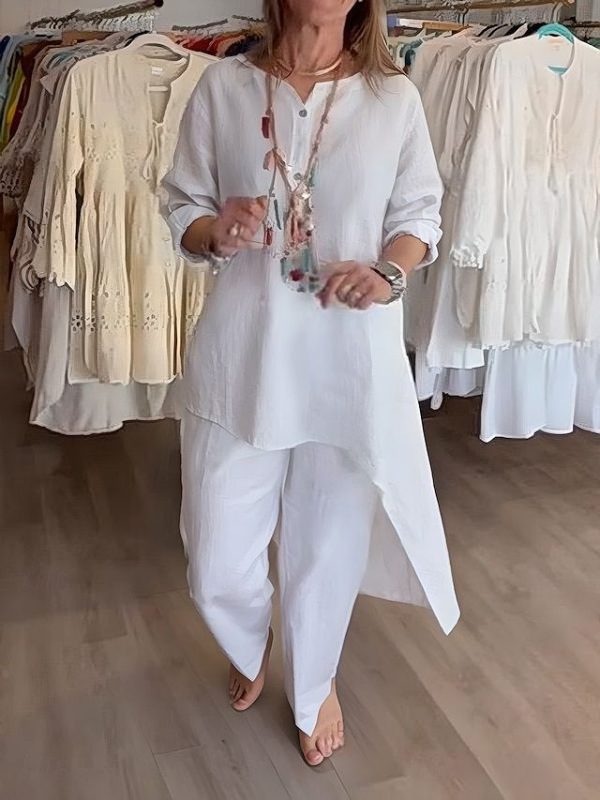 Women's Fashion Streetwear Daily Shirt Cotton Linen Sets Wide Leg Pants Long Sleeve V Neck Plain Casual Daily Black White Blue Summer Regular Fit 2025 - $34.99