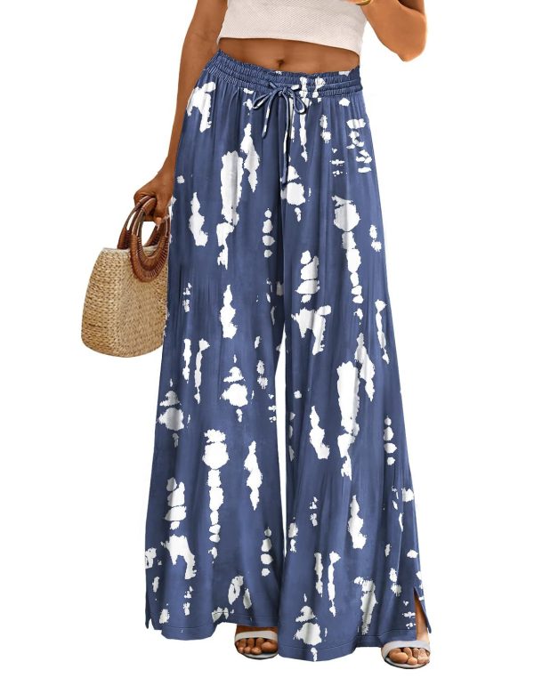 YESNO Women Summer Boho Palazzo Pants High Waist Wide Leg Floral Casual Cotton Lounge Trousers with Pockets PP0