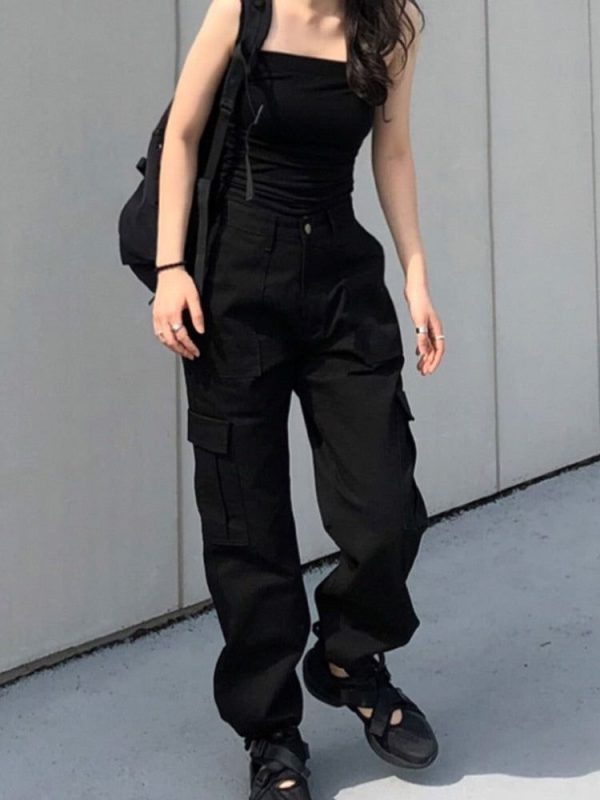 Y2k Button Pockets Patchwork Cargo Pants Women Streetwear High Waist Trousers - as picture 1 / S