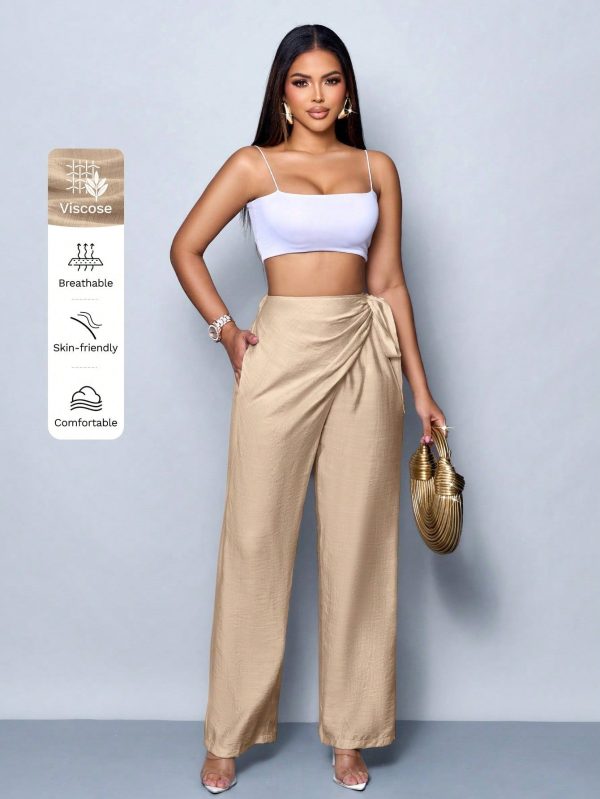 Women's Linen-Like Belted High Waist Linen-Blend Belted Wide Leg Pants