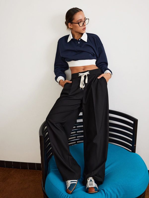 Plain Drawstring Wide-Leg Pants - Black / XS