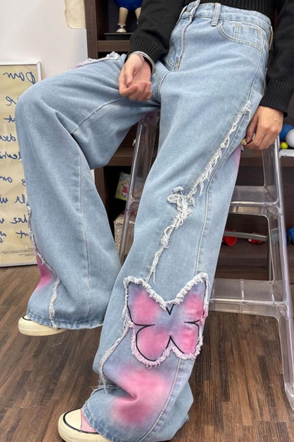 butterfly jeans, pink print jeans, y2k jeans, y2k style, butterfly jeans
