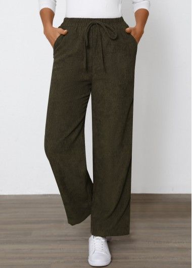 Olive Green Drawstring Straight Leg Elastic Waist Pants