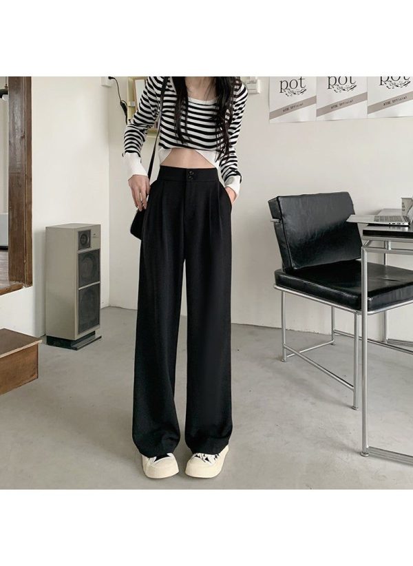 Summer New Petite Elastic Waistbell Bottoms Womens High-Waisted Loose-Fit Slimming Draped Casual Suit Pants C36 Black