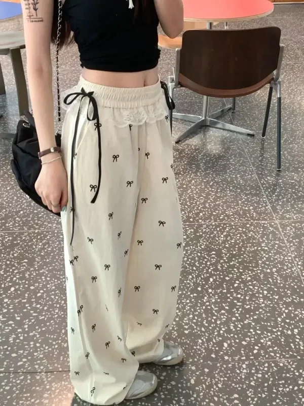 College Chic Cute Bow Knot Full Printed Pants White Lace Patchwork Sweet Ladies Casual Trousers