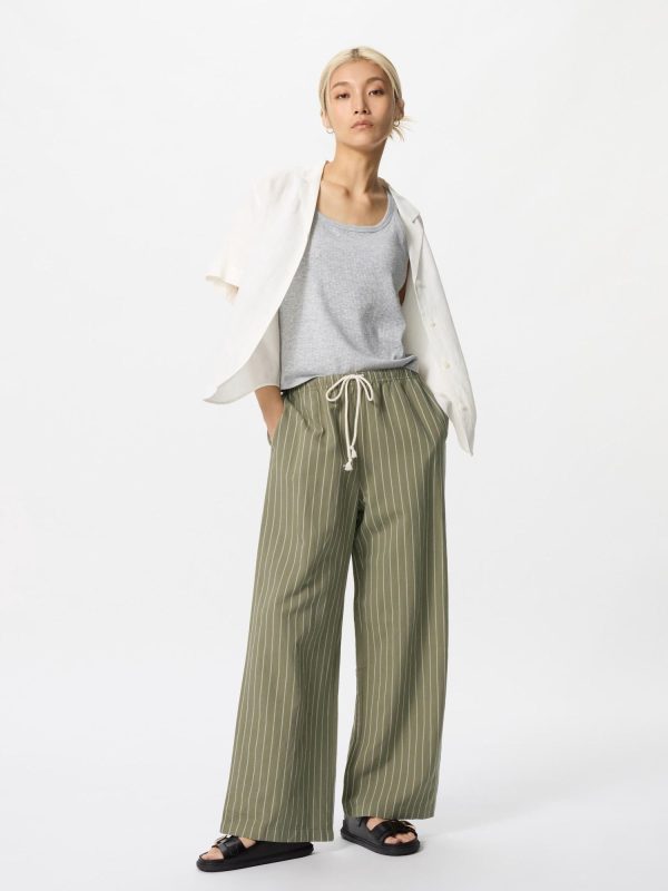 Women's Linen Blend Easy Pants | Striped | Olive | Small | UNIQLO US