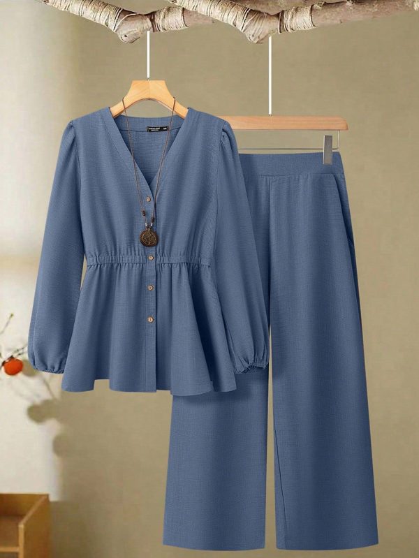 2pcs Plus Size Solid Color Long Sleeve Top And Long Pants Set, Simple And Fashionable For Summer