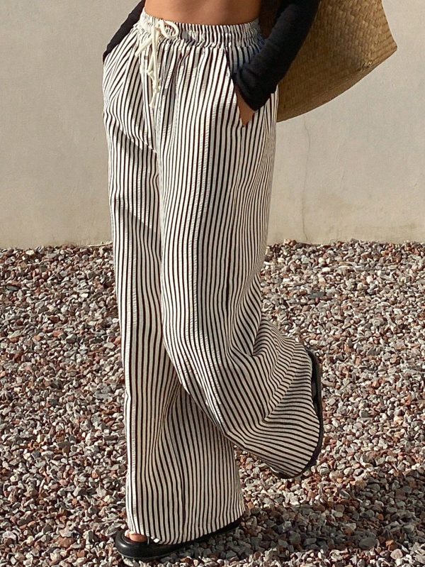 Women Striped Drawstring Wide Leg Maxi Pants