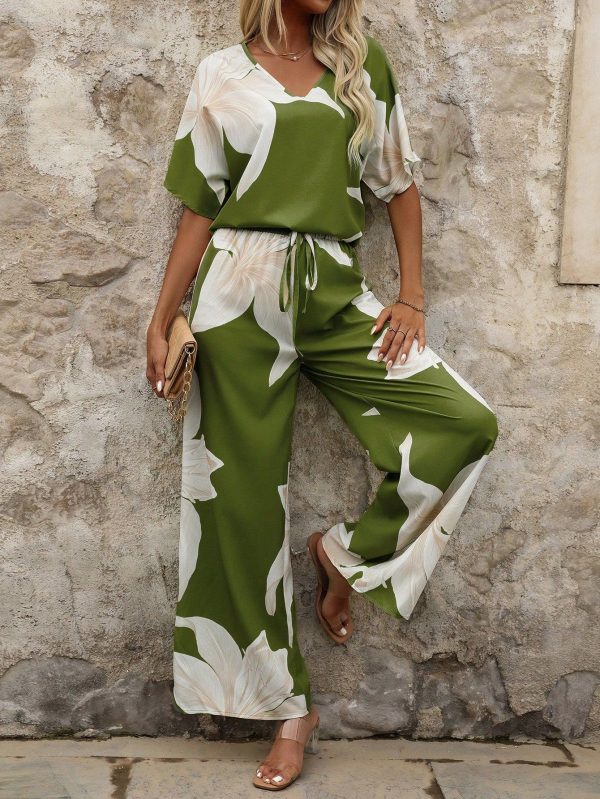 2pcs/Set Women Floral Print Batwing Sleeve Shirt And Long Pants,Summer Sets