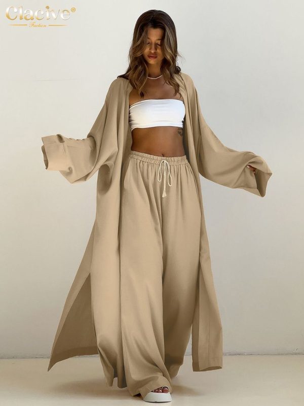 Clacive Fashion Loose Khaki 2 Piece Sets Women Outfit 2024 Casual Long Sleeve Robes With High Waist