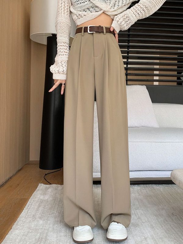 Zingj Narrow Version Wide Leg Pants Female Spring And Summer 2024 New High Waist Hanging Feeling Straight Tube Small Senior Sense Pressure Pleated Suit Pants-Outfit Ideas Khaki Regular-S