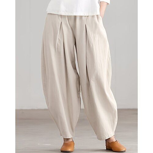Women's Cotton Linen Pants Harem Pants Fashion Streetwear Comfort Full Length Mid Waist Plain Pocket Elastic Waist Comfy Outdoor Comfortable Street Daily Wear Going out Apricot Black Summer Spring