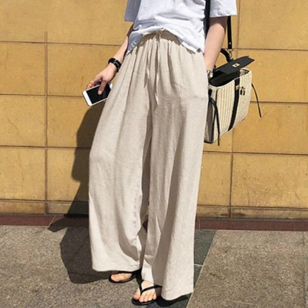 Women's Cotton Linen Pants Slacks Palazzo Pants Fashion Streetwear Full Length Natural Plain Pocket Elastic Drawstring Design Comfy Comfortable Street Daily Wear Navy Black Beige Coffee Summer 2025 - $23.99