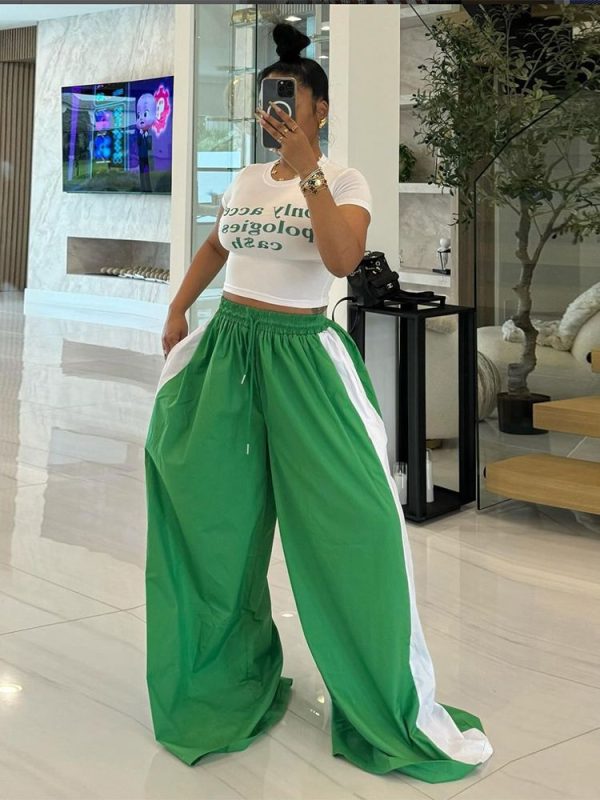 kliou Panelled Stripe Women Pants Casual Sporty Elastic Waist Drawstring Loose Tracksuits Bottoms