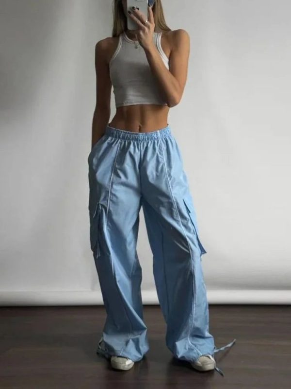 KYLETHOMASW  -  Y2k Aesthetic Streetwear Cargo Pants Women American Retro Harajuku Casual Solid Baggy Trousers Oversized Sweatpants - Blue / L