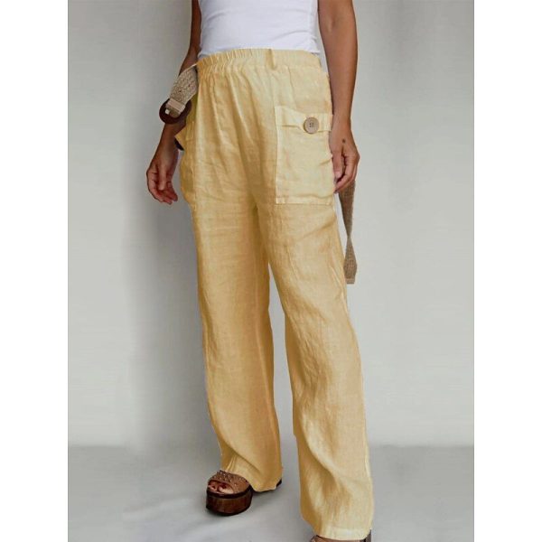 Women's Cotton Linen Chinos Basic Casual Full Length High Waist Plain Pocket Elastic Waist Comfort Outdoor Micro-elastic Vacation Street Daily Navy-blue Black White Yellow Summer Spring Regular Fit