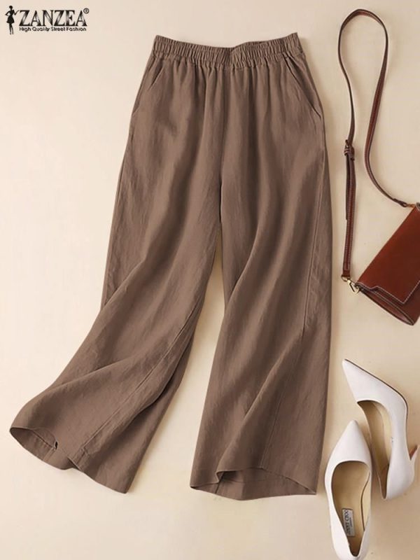 ZANZEA Women's Summer Pants Cotton Elastic Waist Wide Leg Trousers Casual Light Solid Color Palazzo