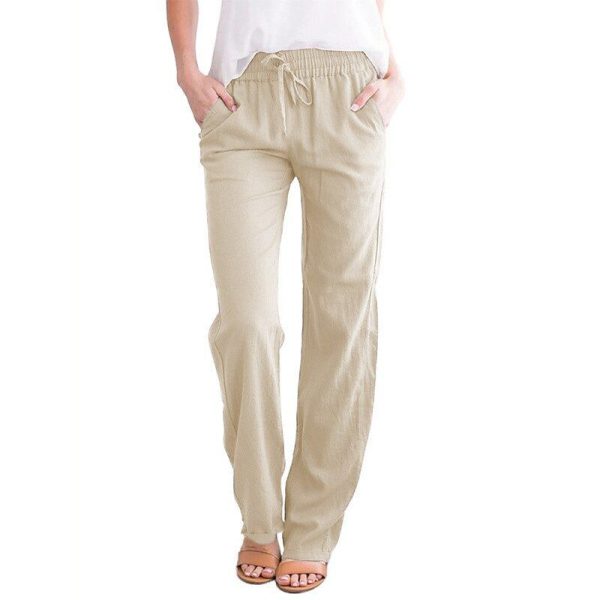 Women's Cotton Linen Pants Slacks Palazzo Pants Streetwear Casual Full Length Natural Plain Pocket Elastic Drawstring Design Comfy Outdoor Vacation Street Going out Magenta Navy Apricot Light Sky Blue