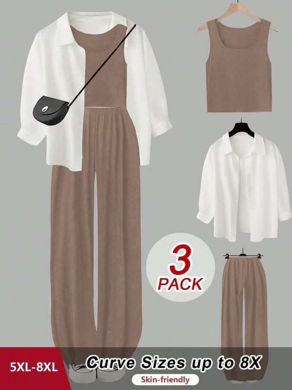 3pcs Set: Plus Size Women Suspender Top, Wide Leg Pants And Contrast Color Shirt, Casual Autumn/Winter