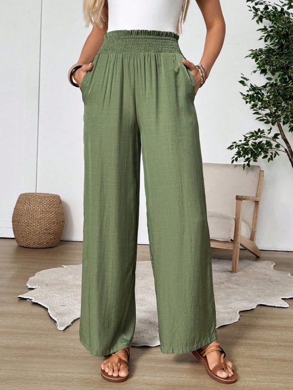 Women Solid Color High Waist With Pockets Wide Leg Loose Casual Pants