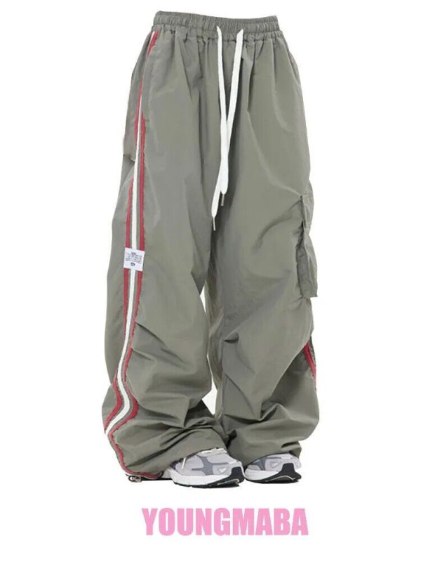Cargo Pants Women Wide Leg Pants Striped Sports Sweatpants Drawstring Trousers