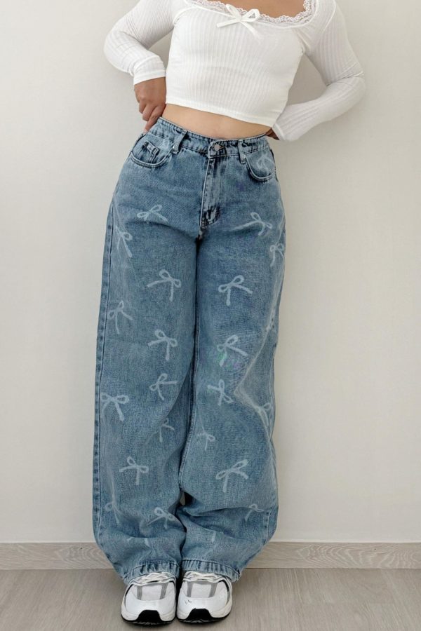 Women's Ribbon Printing oversize Blue Jean Trousers