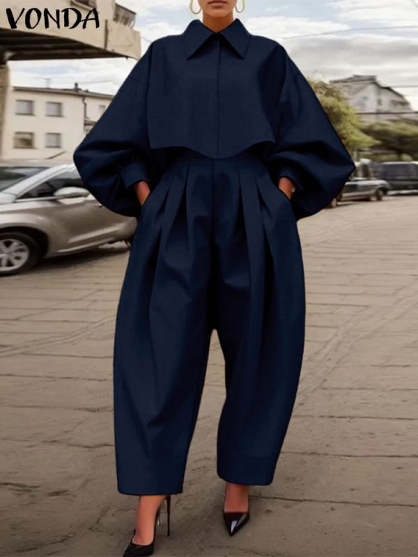 Plus Size 5XL VONDA Women Pants Sets Casual Loose Turn-down Collar Tops Elastic Waist Pant Outfits