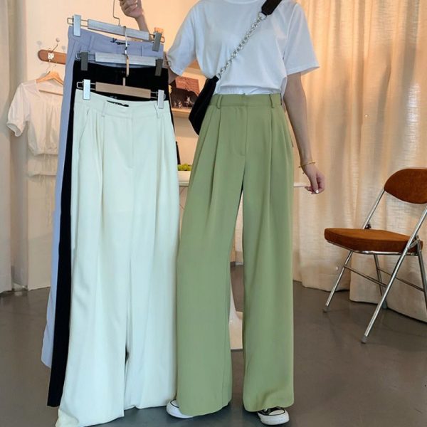 Women's High Waist Casual Trousers, Wide Leg Pants, Korean