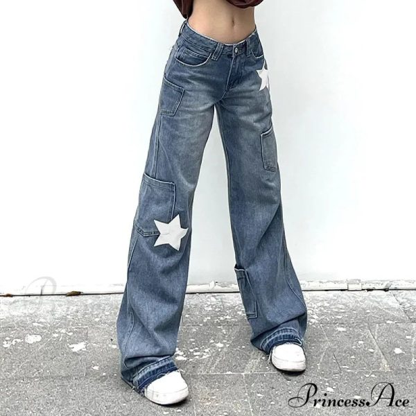 Low Rise Flared Retro Star Print Pockets Distressed Burr Y2K Streetwear Denim Jean - Blue L